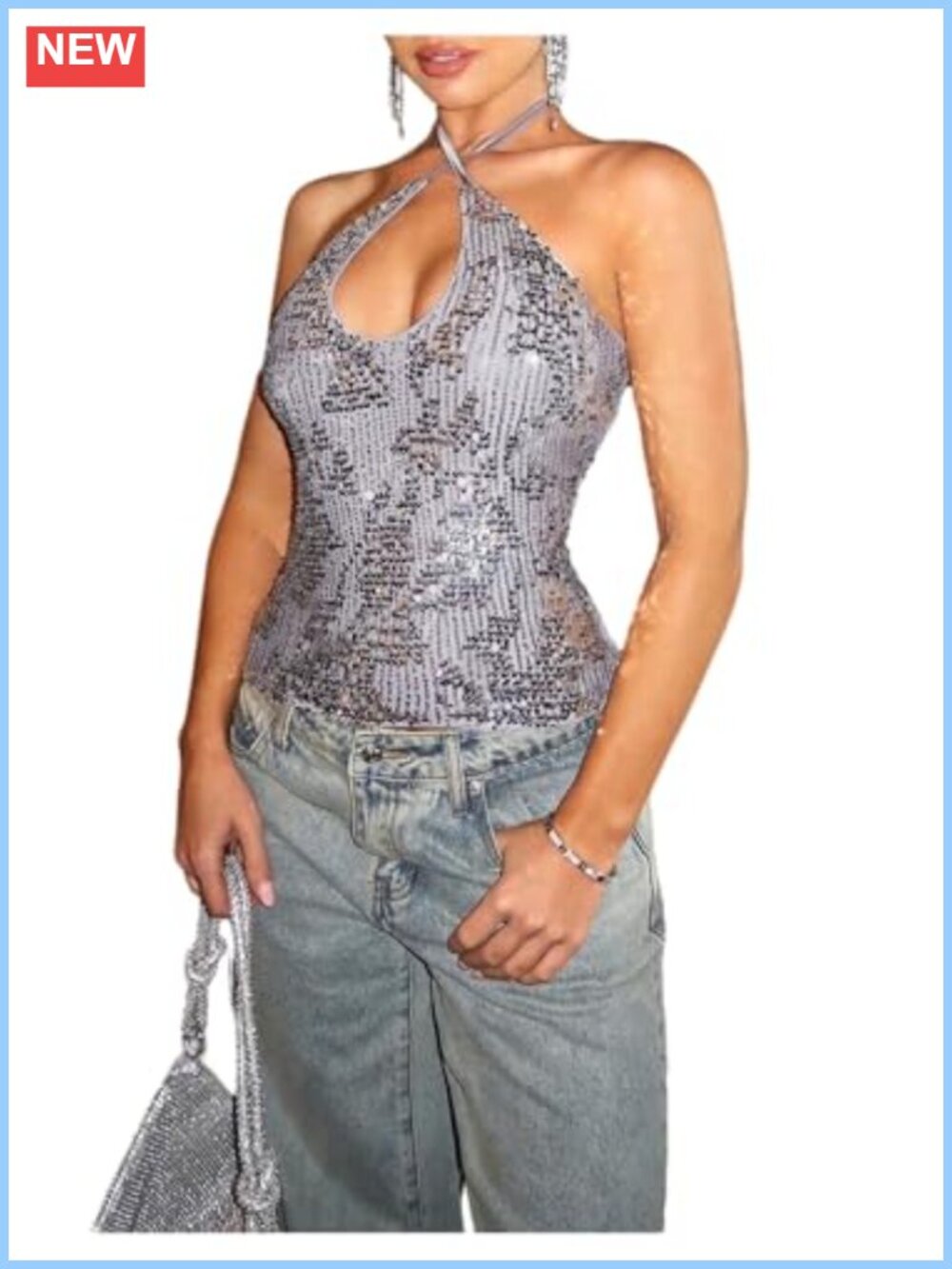 Sequin Halter Cami Top Crisscross Backless Glitter Tank Top for Women
